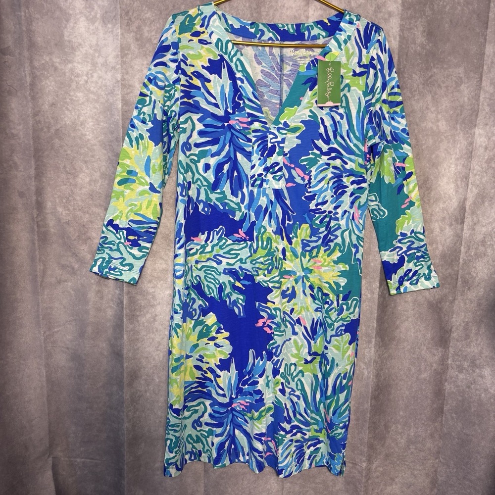 NWT Lilly Pulitzer Riva Dress Blue Green Sea Shift Dress Pima Cotton Size Medium